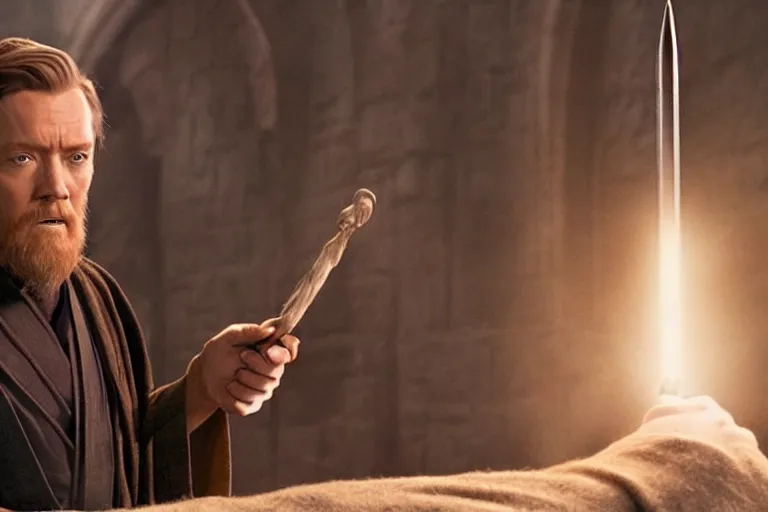 Prompt: film still, obi wan kenobi in a pointy hat casting lumos with a wand in the new harry potter movie,
