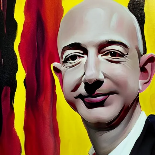 Image similar to painting of jeff bezos with very very very long hair hair