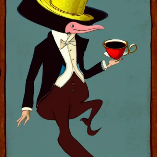 Image similar to anthropomorphized dolphin, wearing a top hat and drinking tea