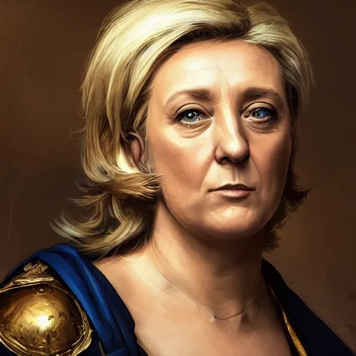 Image similar to Portrait of Marine le Pen , french revolution, heroic, french flag background, amazing splashscreen artwork, splash art, head slightly tilted, natural light, elegant, intricate, fantasy, atmospheric lighting, cinematic, matte painting, detailed face, by Greg rutkowski