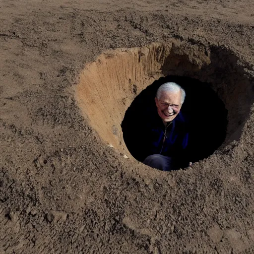 Prompt: a smiling old man seen standing in a hole