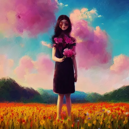 Prompt: girl with an blooming flower face, surreal photography, dream, standing in flower field, magical, in a valley, sunrise dramatic light, impressionist painting, colorful clouds, artstation, simon stalenhag, flower face