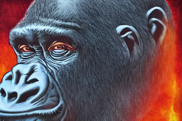 Image similar to gorilla cursed by the cave crest, in the style of alan gutierrez and alexander leydenfrost, trending on artstation, moon light microscopic view colored pencil art, movie poster, symmetrical, tintype photo, oil painting
