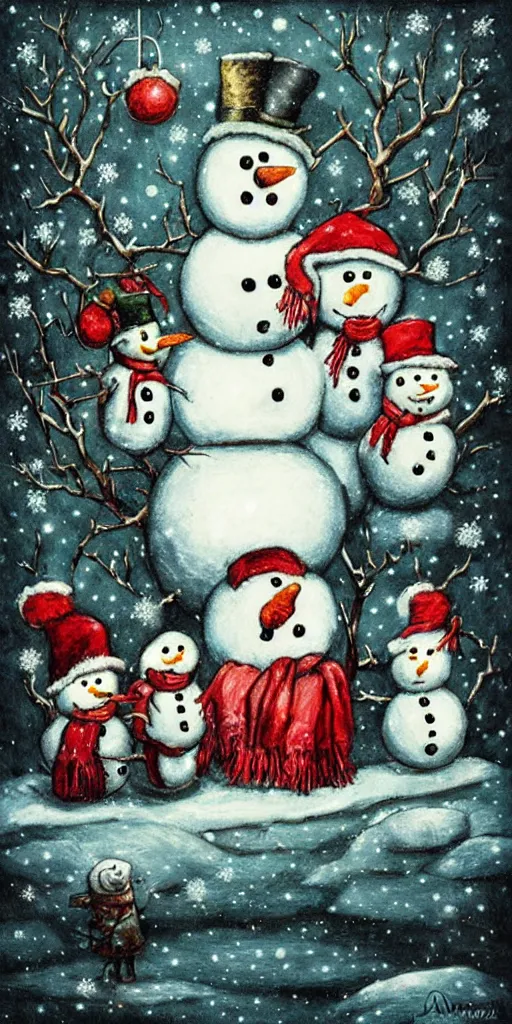 Image similar to a snowman family christmas scene by alexander jansson