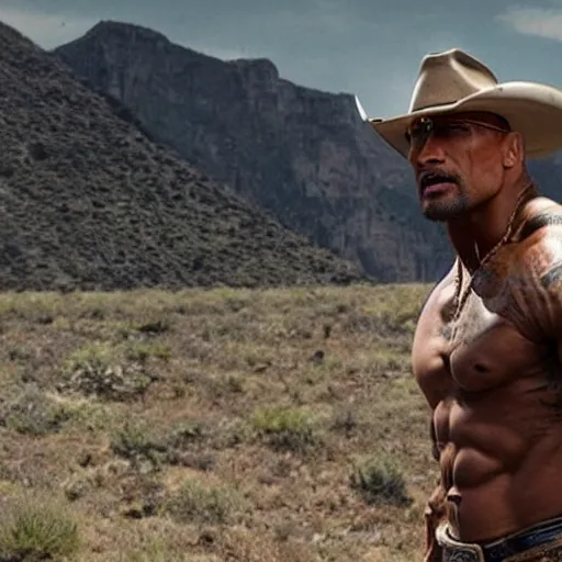 Prompt: film of Dwayne Johnson as cowboy