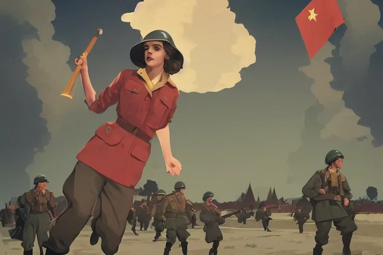 Prompt: communist Propaganda poster Emma Watson in WW2 uniform in the style of disco elysium by moebius and atey ghailan by james gurney by vermeer by George Stubbs full body full body full body full body trending on artstation vector art vector art vector art vector art inspirational