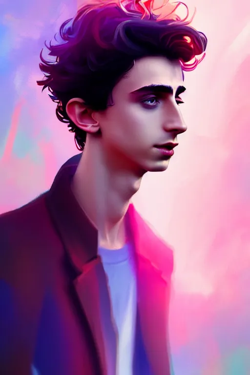 Image similar to a man looks like timothee chalamet, blurred environment background, colorful magic effects, white skin, portrait, male, clothed, sharp focus, digital art, concept art, trending on artstation, dynamic lighting, by emylie boivin and rossdraws