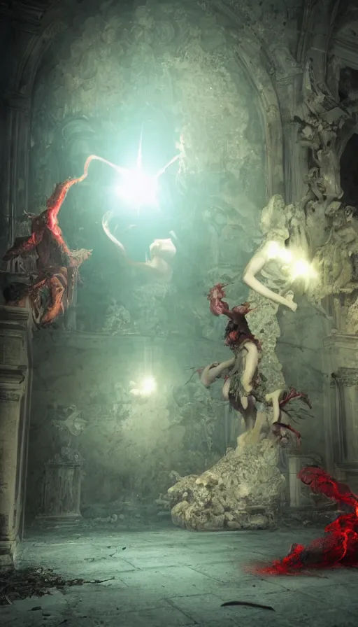 Image similar to demonic female creatures battle astaroth in an abandoned church in the vatican, 8 k, soft lighting, hdr, octane render, cinematic, red fluid on walls of the church, smoke, photorealistic, bokeh