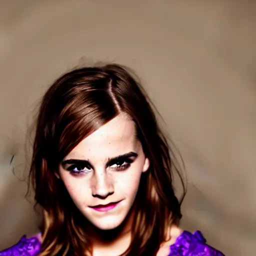 Image similar to Portrait photography of Emma Watson with glowing purple eyes