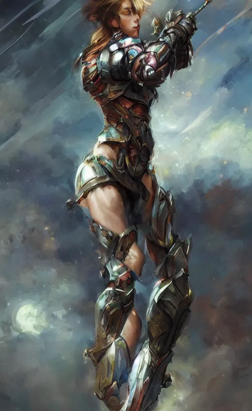 Prompt: muscular full armored girl by daniel gerhartz, colorfull, good shading, perfect lights, moonlight background, trending on art station