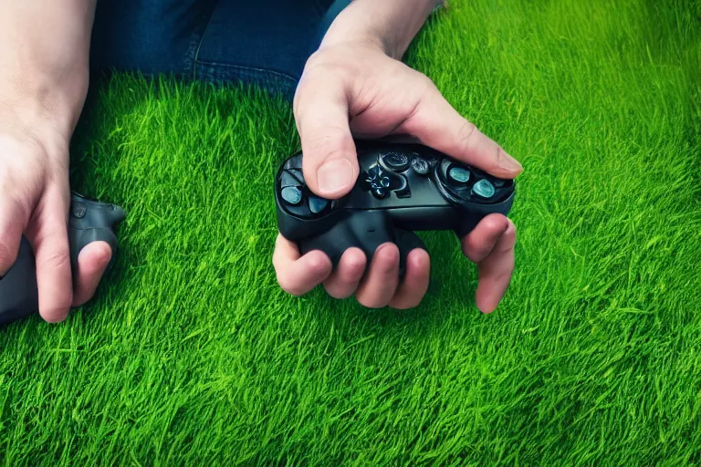 a photo of a gamer finally touching grass,, Stable Diffusion