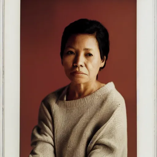 Image similar to filipino woman with short hair wearing an oversized sweater, portrait, colored photo, clear face, by annie liebovitz, david bailey, nan goldin