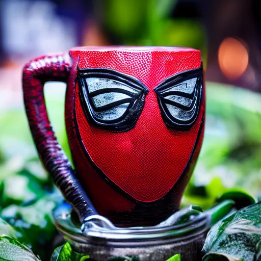 Image similar to a closeup photorealistic capture of glossy spider man style tiki mug at an outdoor trader vic's bar featuring the face of spider man. tiki theme. bright scene. fine detail. this 4 k hd image is trending on artstation, featured on behance, well - rendered, extra crisp, features intricate detail, epic composition and the style of unreal engine.