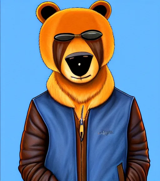 Prompt: expressive stylized master furry artist digital colored pencil painting full body portrait character study of the bear small head fursona animal person wearing clothes leather bomber jacket pilot standing next to airplane by master furry artist blotch, sharp focus vintage disney animation style