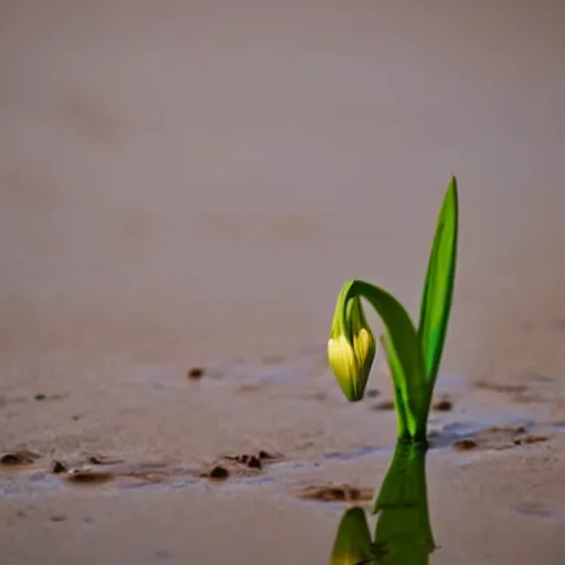 Image similar to a lone lily growing in a field of mud, realistic water colour