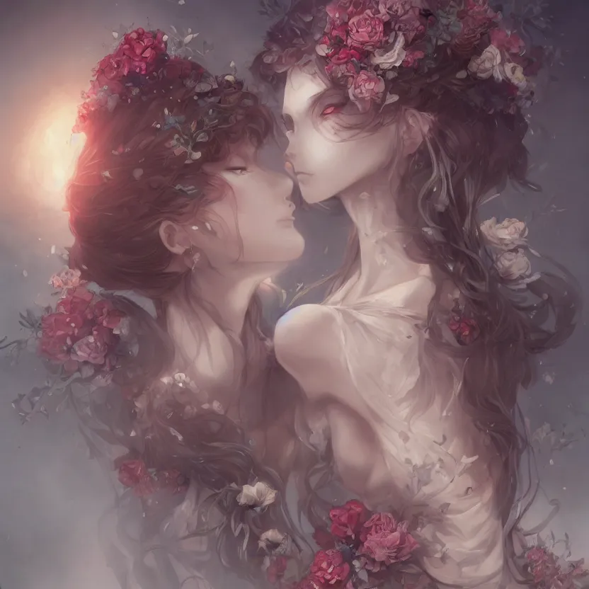 Image similar to Stunning Anime Goddess part skeleton of the floral river flowers, Kissing her king in a dark romance, misty, by cgsociety, in the style of Charlie Bowater, Tom Bagshaw, intricate, beautiful, artstation 8k, high resolution