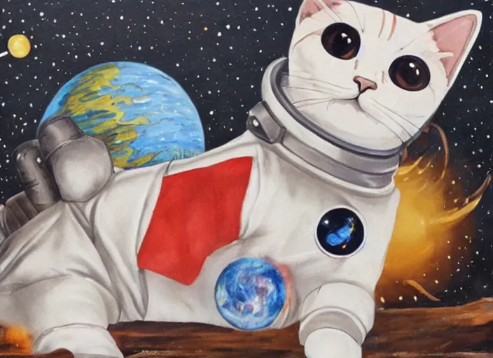 Image similar to painting of a cat dressed as an astronaut, cute, calico, stars, galaxies, planets, moons, stuido ghibli, kotaro mori