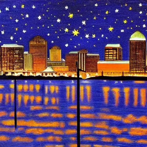 Prompt: louisville ky skyline at night reflecting of the river, in the style of van goghs painting starry night