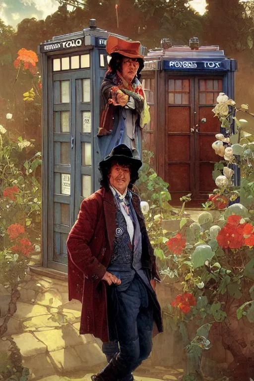 Image similar to The Fourth Doctor standing next to the TARDIS, portrait by Stanley Artgerm Lau, greg rutkowski, thomas kindkade, alphonse mucha, loish, norman Rockwell