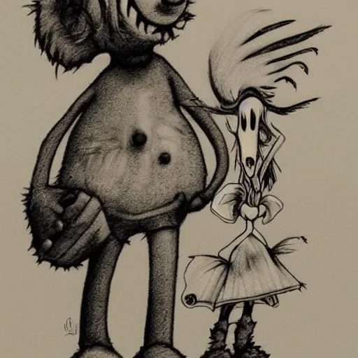 Prompt: grunge drawing of a cartoon teddy bear by - dr seuss , corpse bride style, horror themed, detailed, elegant, intricate