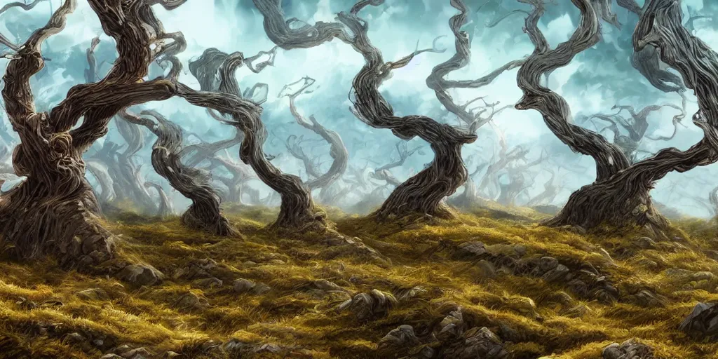 Image similar to bent windswept trees, soilless rocky terrain in background, high quality fantasy art, 4k