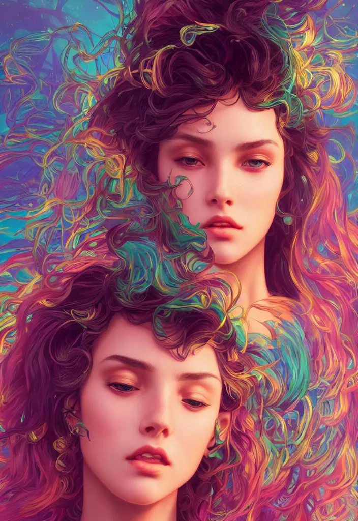 Image similar to beautiful, young woman, magical, detailed gorgeous face, vaporwave aesthetic, synthwave, colorful, psychedelic, artstation, concept art, smooth, extremely sharp detail, finely tuned detail, ultra high definition, 8 k, unreal engine 5, ultra sharp focus, illustration, art by artgerm, greg rutkowski and alphonse mucha