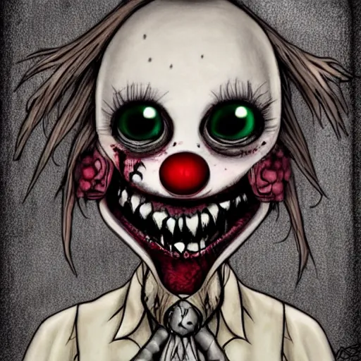 Image similar to grunge drawing of a cartoon clown monster with big bloody eyes and a wide smile by mrrevenge, corpse bride style, horror themed, detailed, elegant, intricate