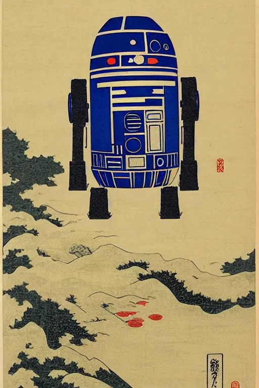 Image similar to Japanese woodblock print of r2d2, hokusai