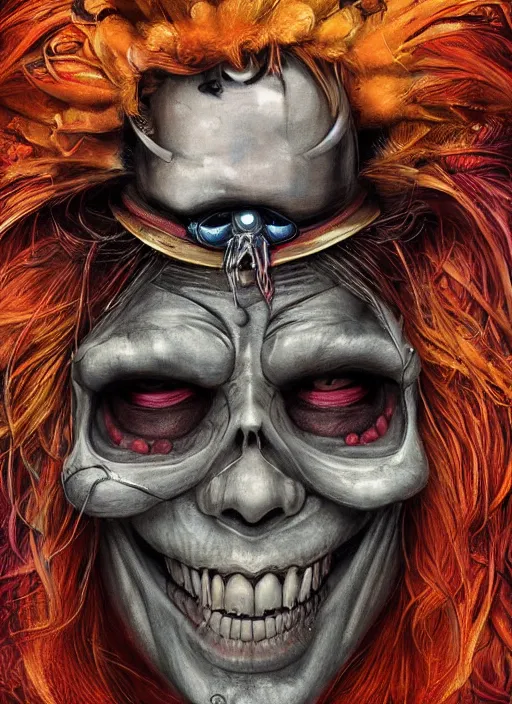 Prompt: mad hatter, polynesian god, half skull half face, highly detailed, cinematic, 8 k, by megan duncanson, benjamin lacombe, adrian borda, stanley artgermm, tom bagshaw, craig mullins, carne griffiths, ayami kojima, beksinski, giger, trending on deviantart, hyper detailed, horror, full of colour