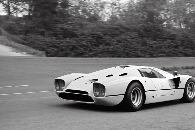 Prompt: vintage archival race footage of a single 1965 Ferrari F40, with elements of the De Tomaso Pantera, Lotus, GT40, BMW M1, and Countach, movie still, speed, cinematic Panavision 5384 film
