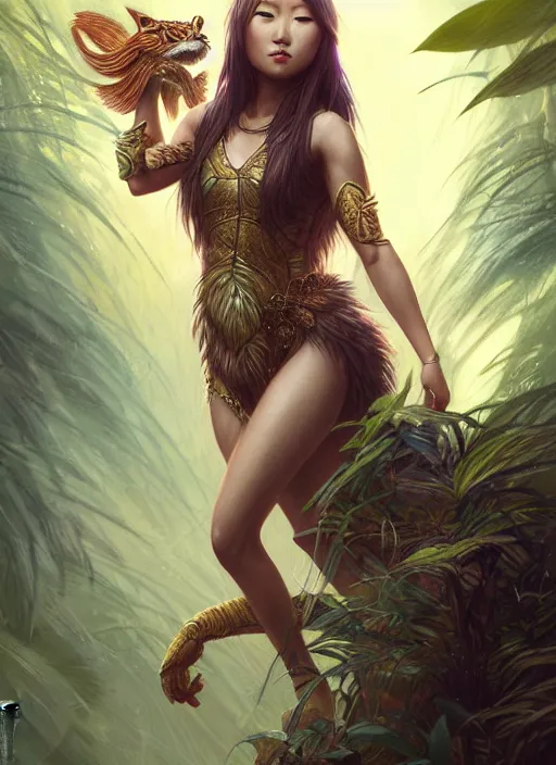 Image similar to karen fukuhara as queen of the jungle, intricate, elegant, glowing lights, highly detailed, digital painting, artstation, glamor pose, concept art, smooth, sharp focus, illustration, art by artgerm and greg rutkowski, artey freytag