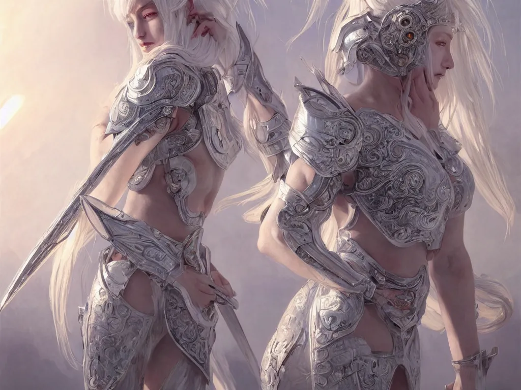 Image similar to portrait white hair knights of zodiac girl, sliver ice color reflected armor, in ruined agora of athens sunrise, ssci - fi and fantasy, intricate and very very beautiful and elegant, highly detailed, digital painting, artstation, concept art, smooth and sharp focus, illustration, art by tian zi and wlop and alphonse mucha