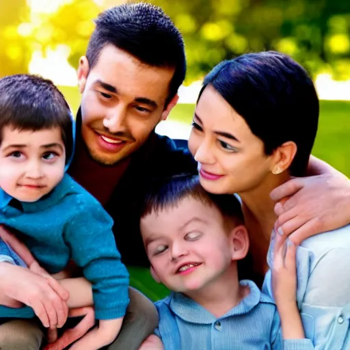 Prompt: a handsome young family with a young boy, scene from a future world where nanotechnology is ubiquitous