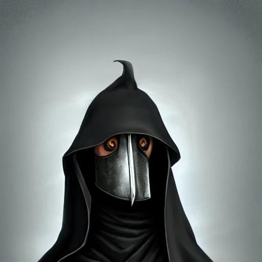 Image similar to female plague doctor donning a black hood, steel knightly armor and a white crow mask, trending on artstation