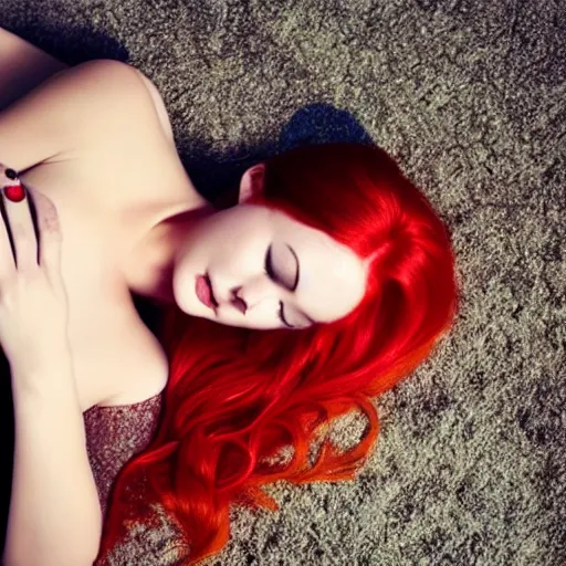 Prompt: beautiful red hair female fallen asleep in the middle of a party n 9