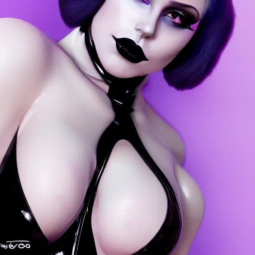 Image similar to portrait of a curvy feminine hot pale goth woman with elaborate elegant tight silver nylon latex and silk outfit black lipstick and purple makeup, photorealistic, sublime, 16k, smooth, sharp focus, cgsociety, ArtStation, volumetric lighting
