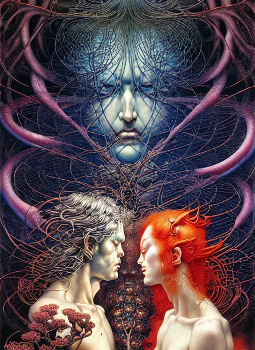 Prompt: detailed image of adam and eve in heavens by Ayami Kojima, Amano, Karol Bak, Greg Hildebrandt, and Mark Brooks, rich deep colors. Beksinski painting, part by Adrian Ghenie and Gerhard Richter. art by Takato Yamamoto. masterpiece . intricate artwork by Tooth Wu and wlop and beeple, greg rutkowski, very coherent symmetrical artwork, cinematic, hyper realism, high detail, octane render, unreal engine, 8k, Vibrant colors, Smooth gradients, High contrast, depth of field. by Katsuhiro Otomo, full body character drawing, inspired by Evangeleon, clean ink detailed line drawing, intricate detail, extremely detailed. painting by Arthur Rackham, Eugene de Blaas, Frederic Leighton