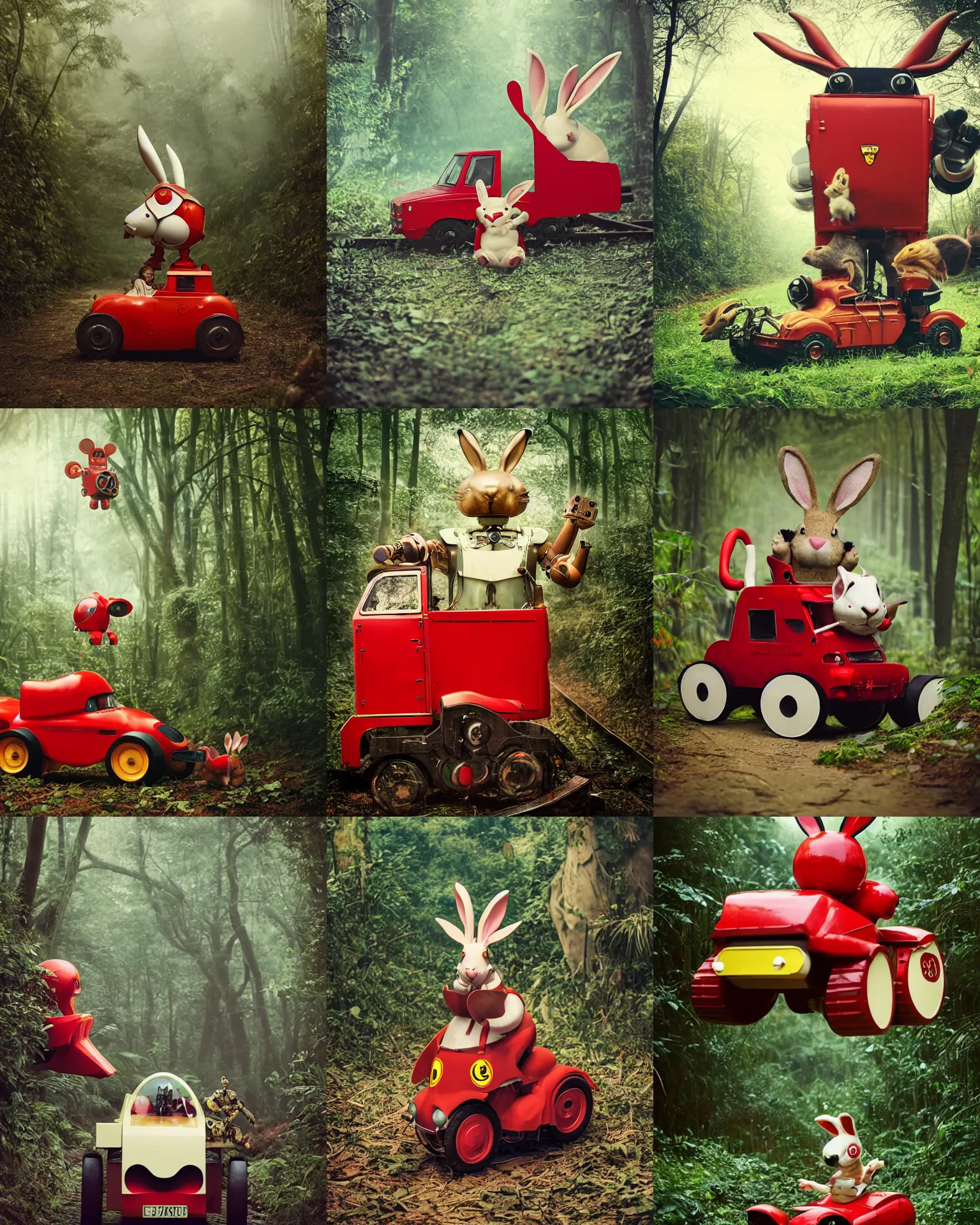 Prompt: attack pose !! giant oversized battle rabbit robot chubby mech baby as ferrari red muscular train with big ears and rabbit , on a jungle forest , full body , Cinematic focus, Polaroid photo, vintage , neutral dull colors, soft lights, foggy ,random weather, by oleg oprisco , by victor enrich