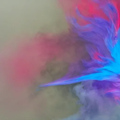 Image similar to multi color smoke with the outstretched ribbed wings of a fairytale dragon, billowy, 8 k, 4 k