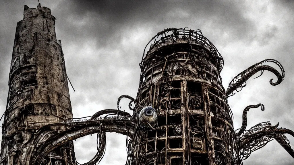 Image similar to A tower with an Eyeball at the top, BioMechanical like Giger, with tentacles coming out, looking over a stormy post-apocalyptic wasteland, dystopian art, wide lens