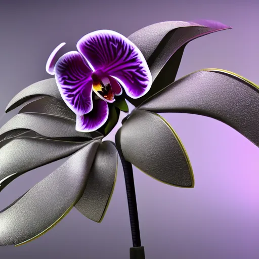 Image similar to an orchid flower, made of metal, cybertronic, reflective, glowing, unreal engine