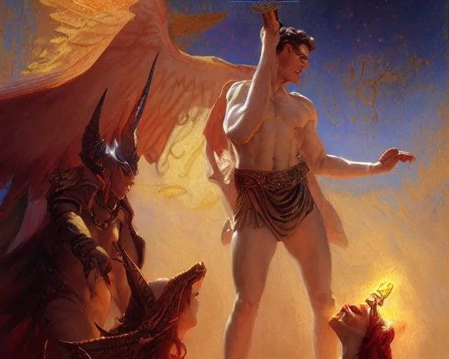 Image similar to attractive male deity, casting demonic magic, summoning handsome lucifer morning star. highly detailed painting by gaston bussiere, craig mullins, j. c. leyendecker 8 k