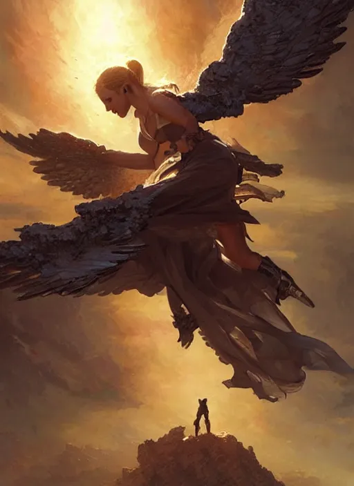 Image similar to 4k Angel coming down to save humanity , art by greg rutkowski, art by craig mullins, art by thomas kincade, art by Yoshitaka Amano