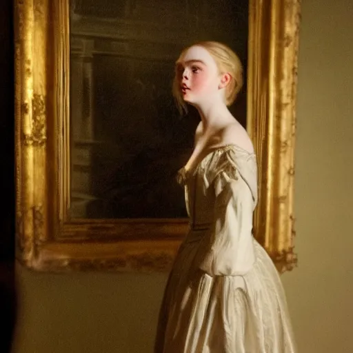 Image similar to Elle Fanning walks at night by Dutch romantic painter Petrus van Schendel