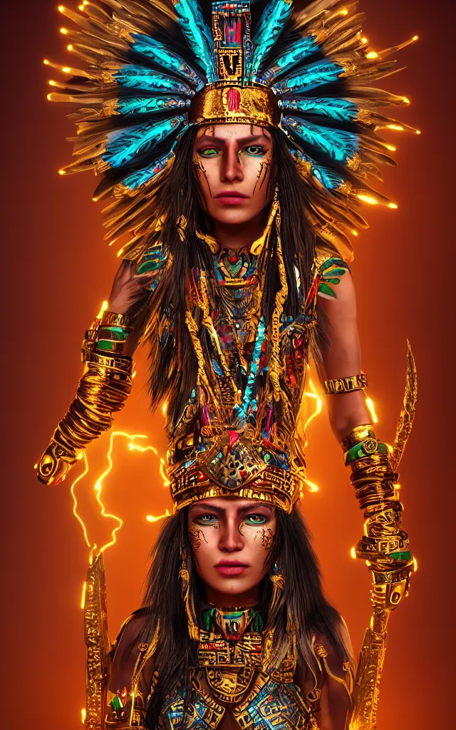 Image similar to native aztec neondmt warrior princess goddess with a golden headdress, piercing glowing eyes, aztec dmt gilded gold foil tattoos, uncropped photo, 4 k cinematic hyperdetailed photorender realityengine ultrahd fantasy concept art