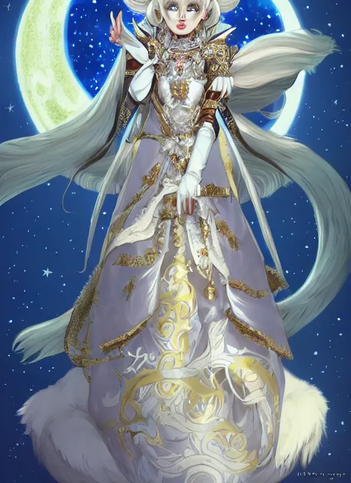 Image similar to commissioned full body portrait of a female anthro wolf-headed princess fursona with white hair wearing a white and gold chinese armored dress in a white and gold palace on a starry night with a large rescent moon, by a professional manga illustrator, Stanley Artgerm Lau, WLOP, Rossdraws, James Jean, Andrei Riabovitchev, Marc Simonetti, and Sakimichan, trending on artstation