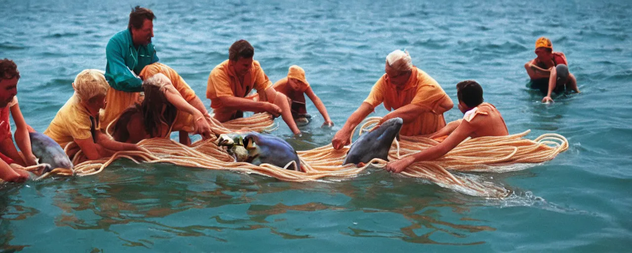 Prompt: dolphins receiving spaghetti from humans from a boat, ocean,, small details, intricate, sharply focused, canon 5 0 mm, wes anderson film, kodachrome