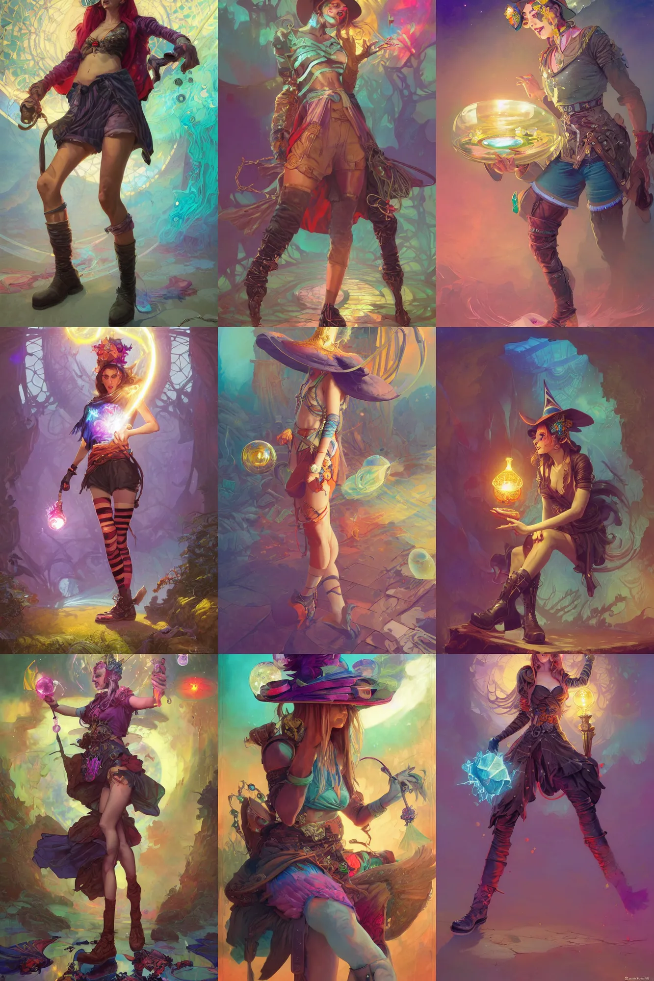 Prompt: sorceress, hat, wide leather boots, short shorts, striped socks, glass ball at the waist, bag over the waist, highly saturated colors, greg rutkowski,Dan Mumford, Peter Mohrbacher, Alfons Mucha, fantasy character, detailed illustration, hd, 4k, digital art, overdetailed art, concept art, trending on artstation