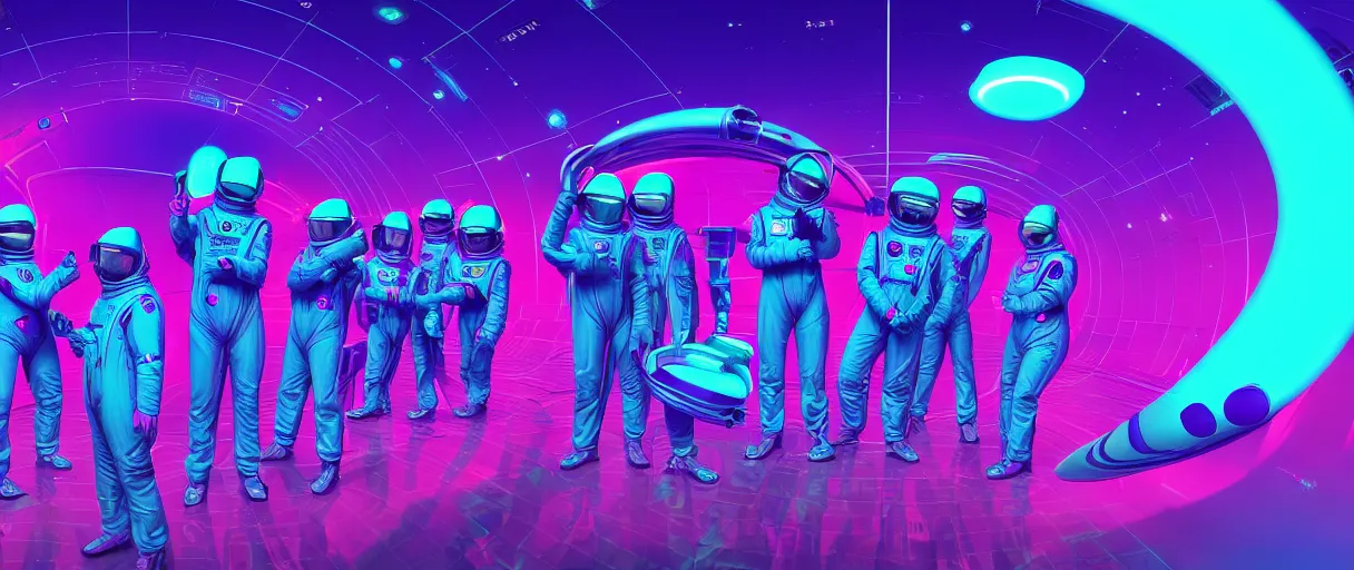 Image similar to hyper detailed 2060s neo-surreal neon purple and teal propaganda poster of space workers key sage sharp cinematic lighting 8k wide angle shallow depth of field