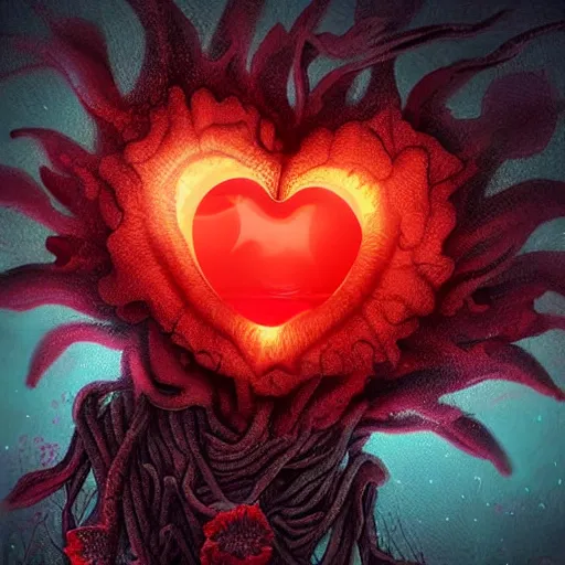 Image similar to a beautiful but creepy and haunting flower with a glowing red heart, growing deep under the sea. Digital art, detailed and intricate, beautiful, haunting